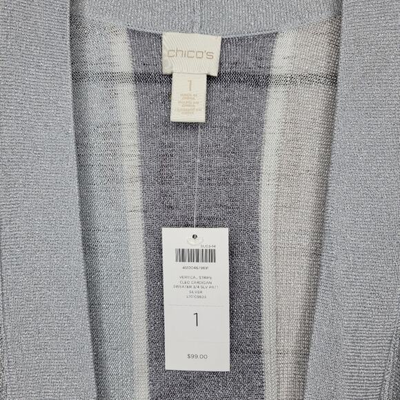 Chico's Cleo Vertical Stripe Open Front Cardigan Grey Silver Metallic Size 1 - Picture 3 of 5
